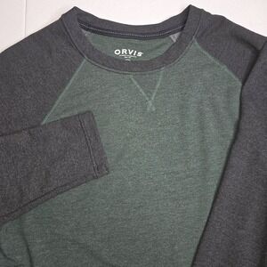 ORVIS Men's Long Sleeve Large Baseball Crewneck Green Gray Shirt - 894